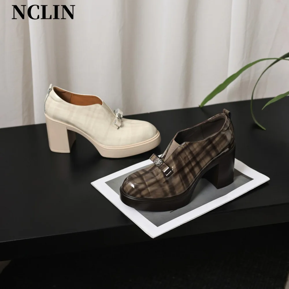 

2026 Retro Plaid Metal - Buckle Thick - Sole High - Heeled Shoes Women Beige & Brown Plaid Leather Commute Casual