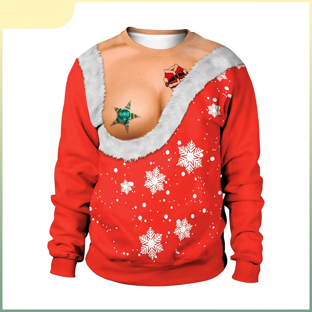

Christmas Parody Exposed Chest Print Round Neck Pullover Sweater Unisex Couple Sweater Outfit Christmas New Year Sweater 2025