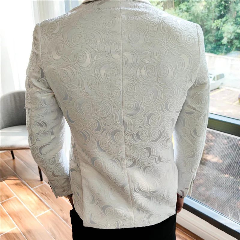 Jacquard White Wedding Rose Blazer For Men Korean Slim Night Club Stage Outfit Casual Flower Fashion Man Suit Blazer Masculino