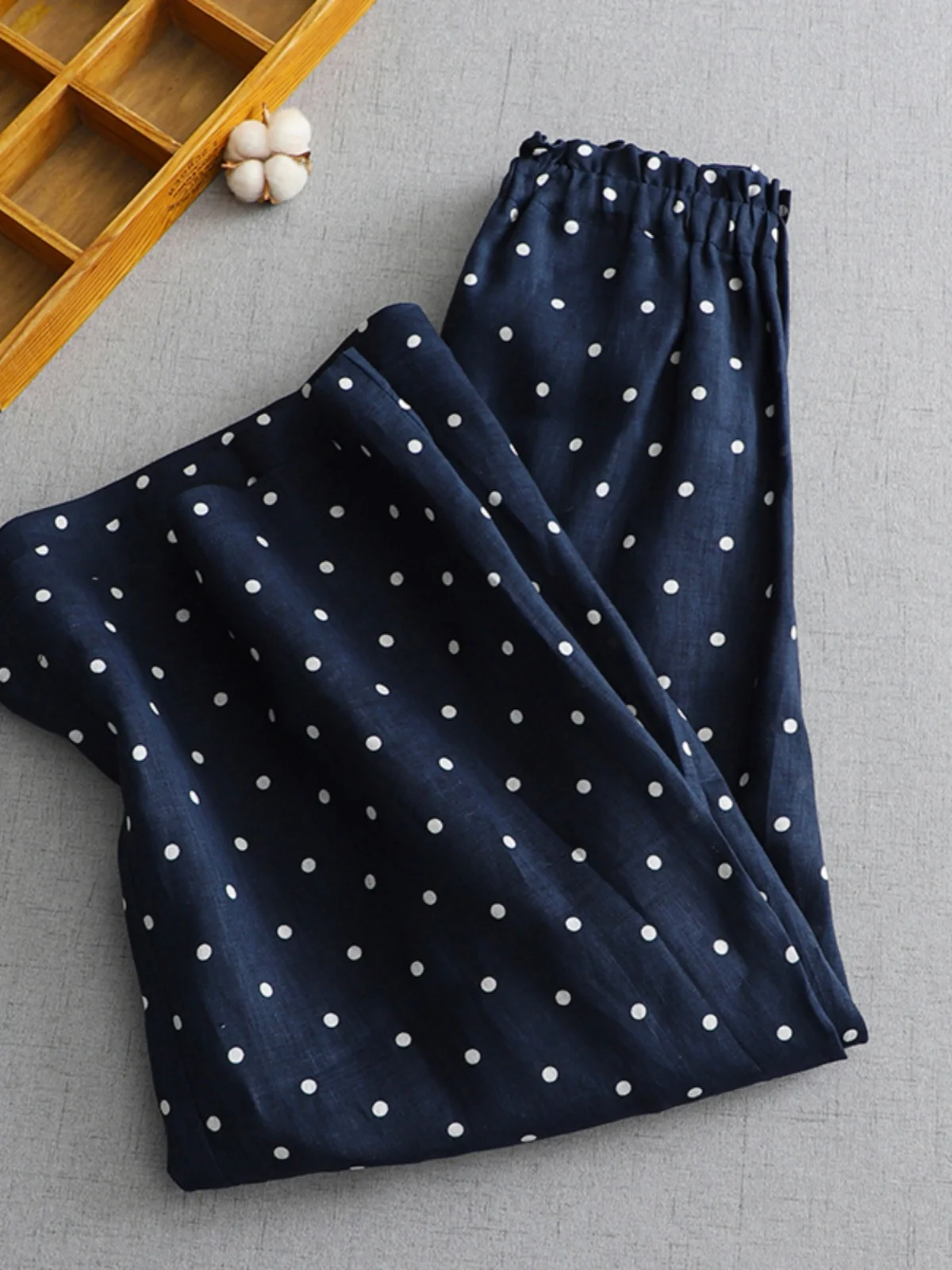 Pantalones informales rectos de lino y algodón con estampado de lunares Retro, pantalones de verano de pierna ancha drapeados de cintura alta para mujer de talla grande
