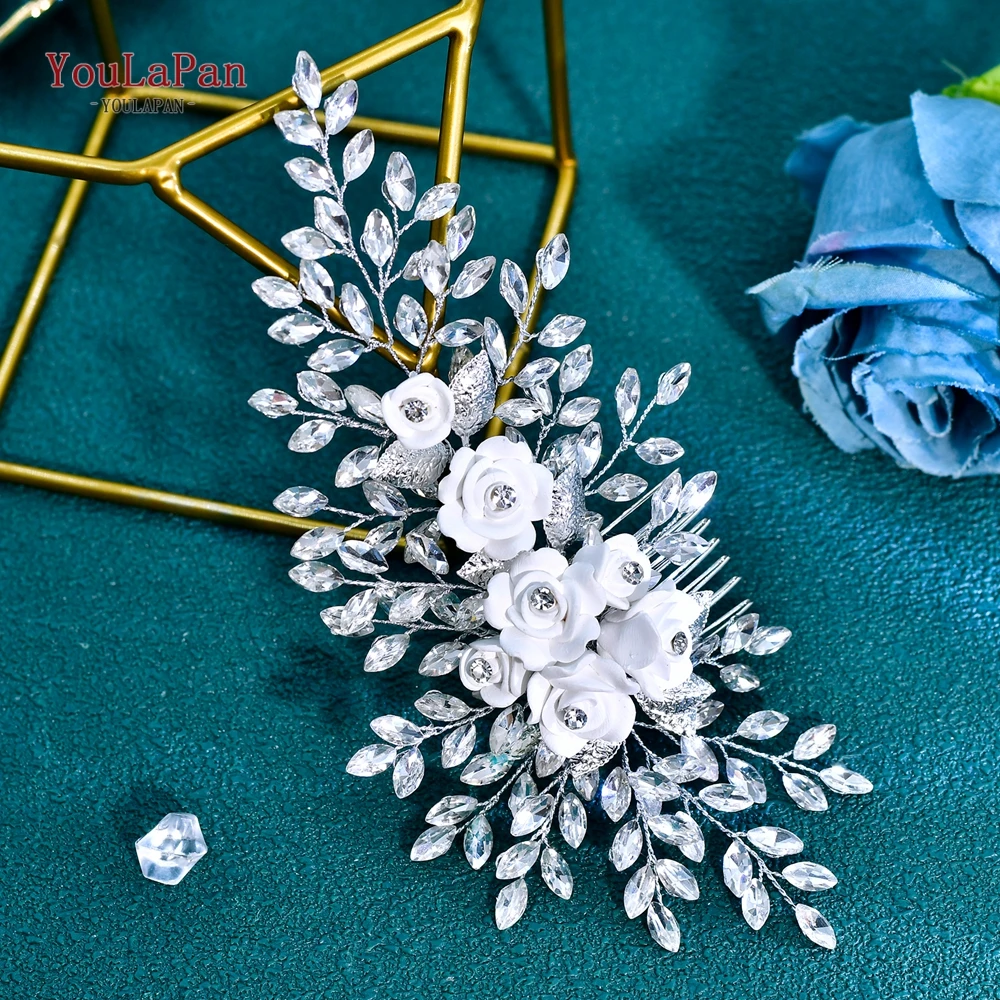 YouLaPan زهرة حجر الراين الزفاف مشط الشعر الزفاف إكسسوارات الشعر النساء الشعر الحلي اليدوية مأدبة خوذة حفلة HP319