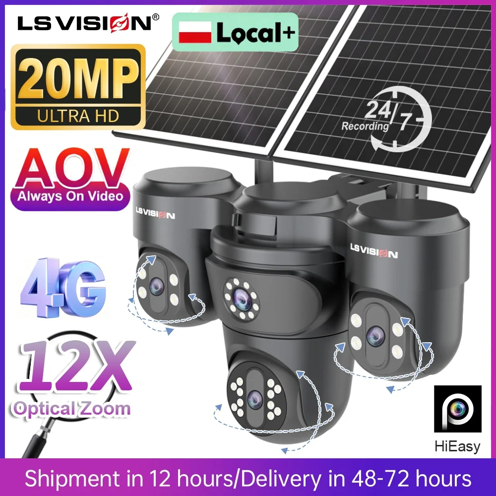 Caméra solaire extérieure LS VISION 3 PTZ avec enregistrement 24/7, carte SIM 4G, zoom optique 12X, 20MP, 4 écrans, surveillance vidéo AOV, caméra de sécurité CCTV, suivi automatique des personnes, IP66, panneau solaire 20W