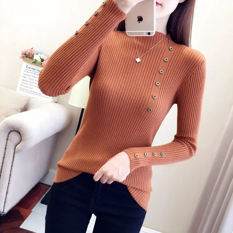 Women Autumn and Winter Korean New Half High Neck Sweater Solid Button Warm Knitted Shirt Slim Fit Versatile Long Sleeved Tops