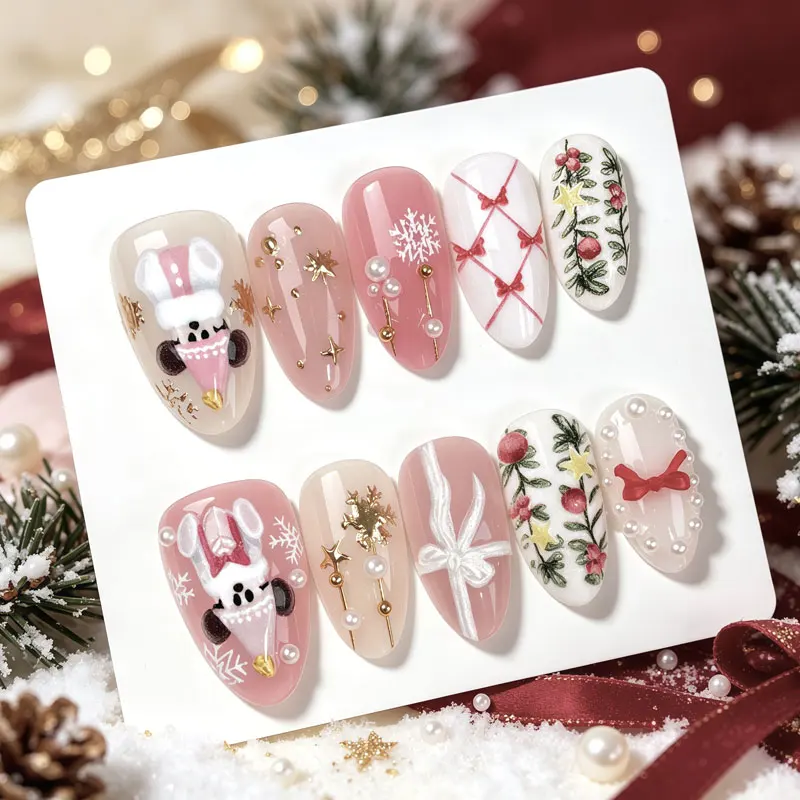 10Pcs Christmas Atmosphere 3D Relief Press on Nails Gold Plated Almond Shape Glacier Blue Gilded Nail Stickers Fake Nails Art
