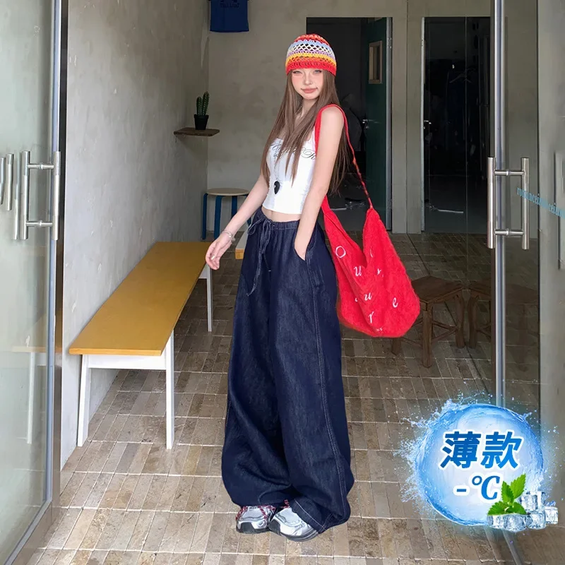 Jeans retrô de cintura baixa com pernas largas, mulheres primavera e verão nova cor sólida estilo fino cordão solto jeans de perna reta