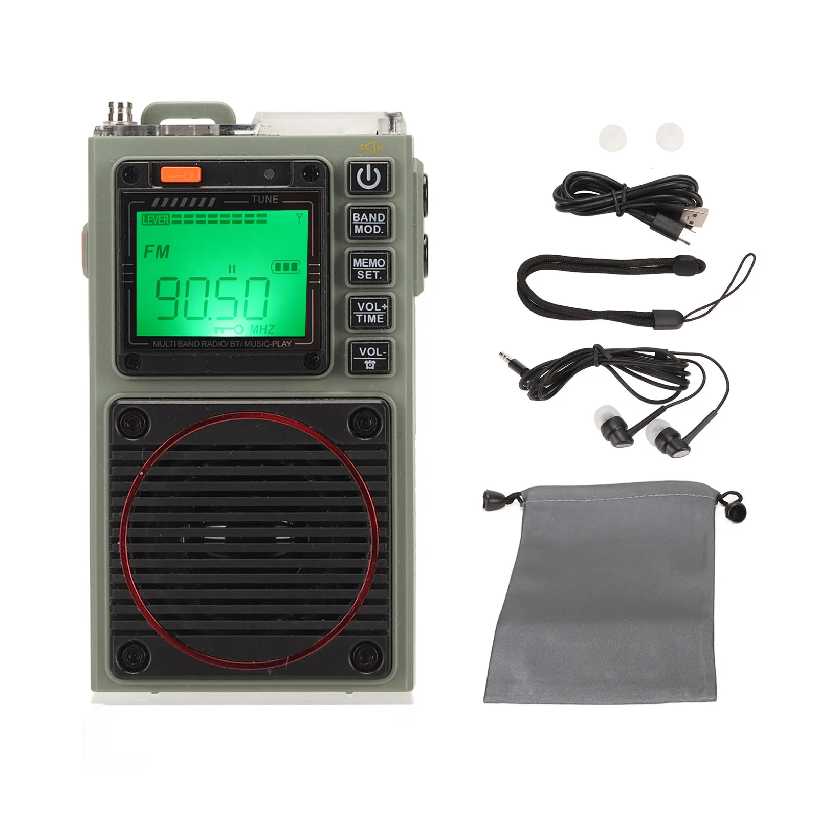 HRD-787 Full Band Radio Bass Stereo SOS Alarm Portable Bluetooth Card Playback Retro FM VHF AM SW WB Radio with Flashlight