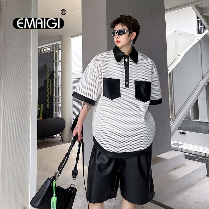 Men Summer Niche Fashion Hollow Out Mesh Short Sleeve Loose Casual Polo Shirts Male Streetwear Hip Hop T-shirts Couple Tshirt