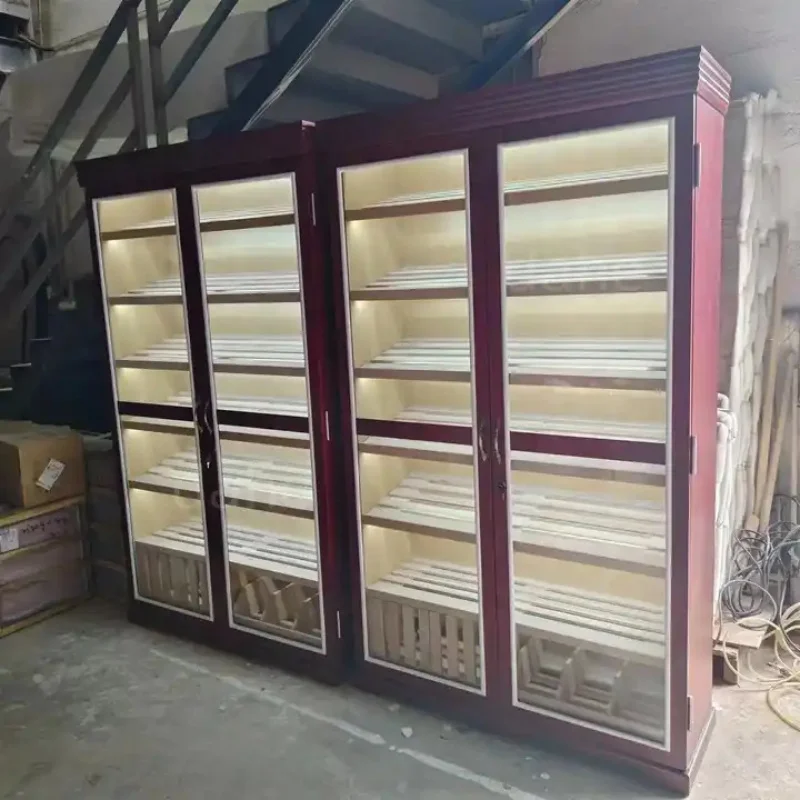 custom.Ceder Wood Cigar Room Humidifier Double Door Cigar Shop Display Showcase Humidor Cabinet with Light Luxury Cigar Humidor