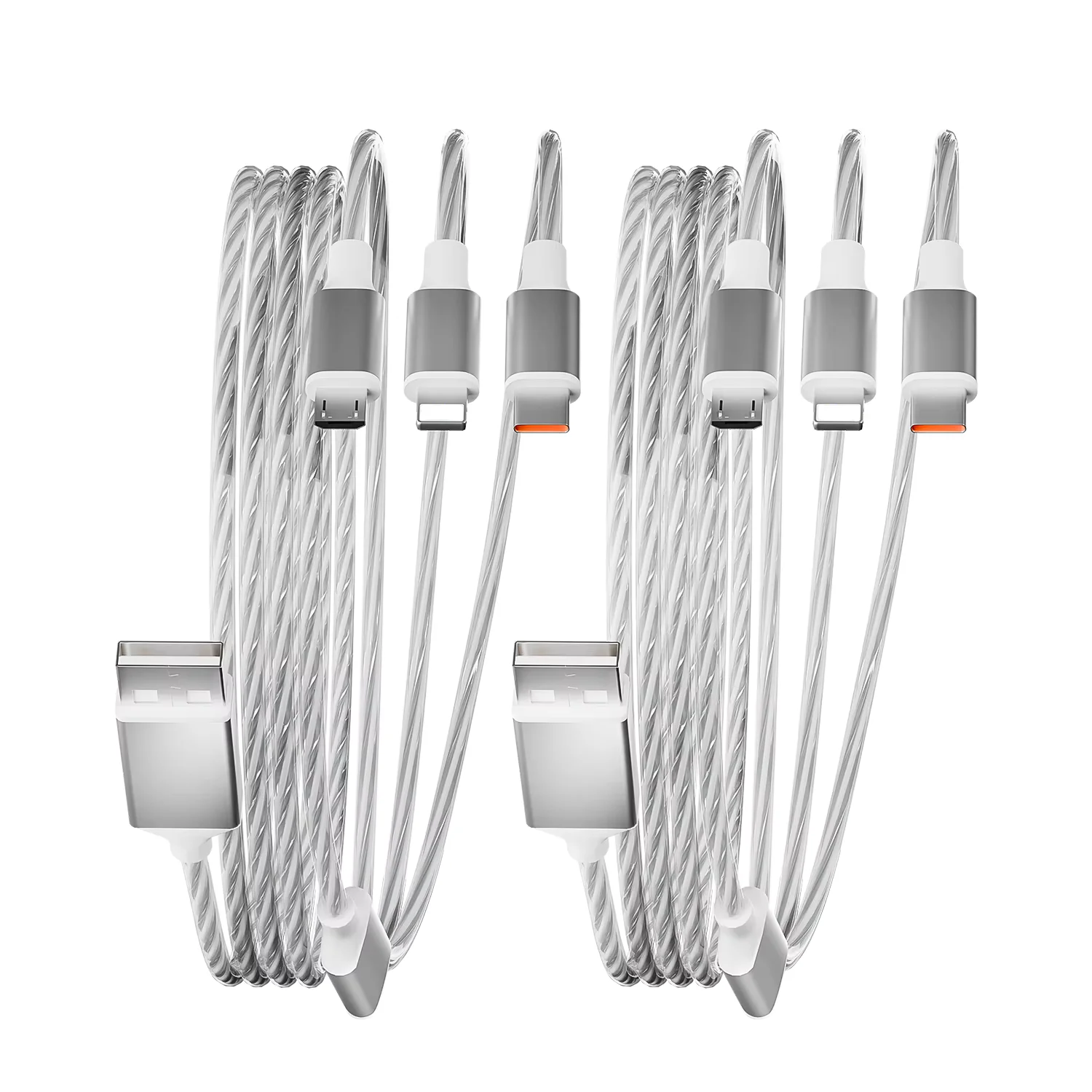 2PCS 4FT 3 IN 1 White Luminous USB Fast Charging Cable with Type-C, Micro USB, IP Port Suitable For Most Mobile Phones