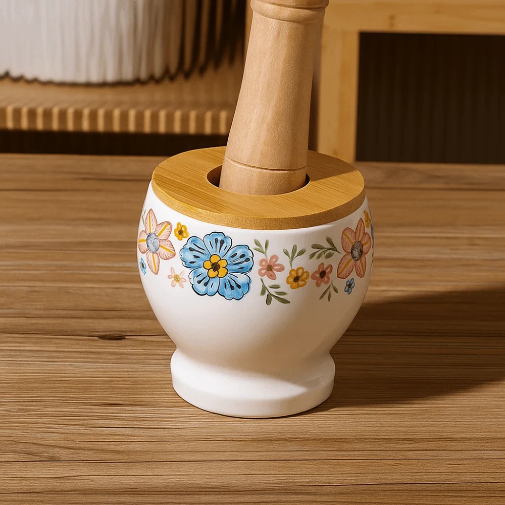 

Multifunctional Ceramic Ceramic Mortar Labor Saving Internal Thread Garlic Mortar Flower Pattern with Lid Garlic Masher Kitchen
