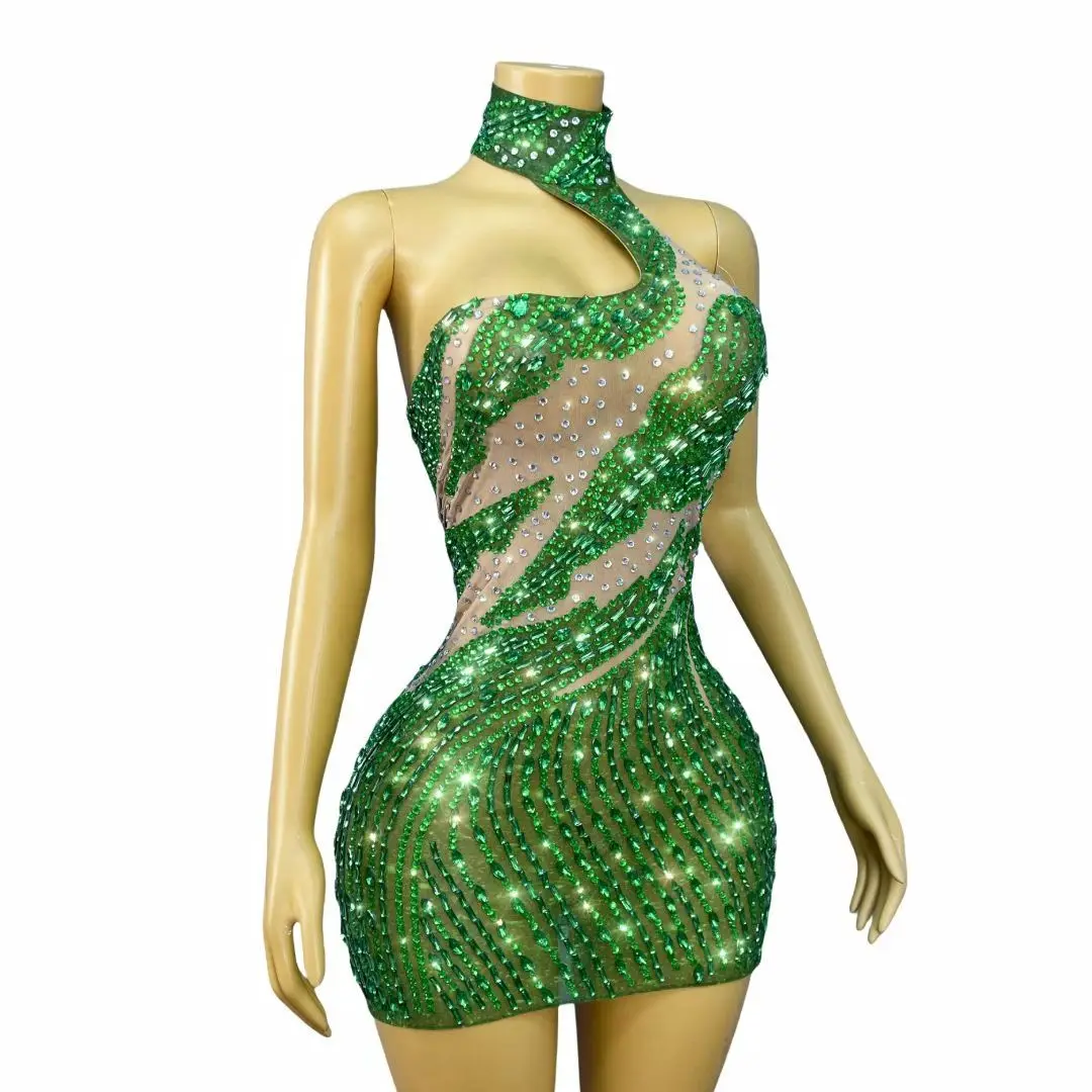 Geselin Sparkling Green Rhinestone Dress Sexy off houlder See Through Mesh Hip Hugging Dress Bar Celebrity Performance Dress