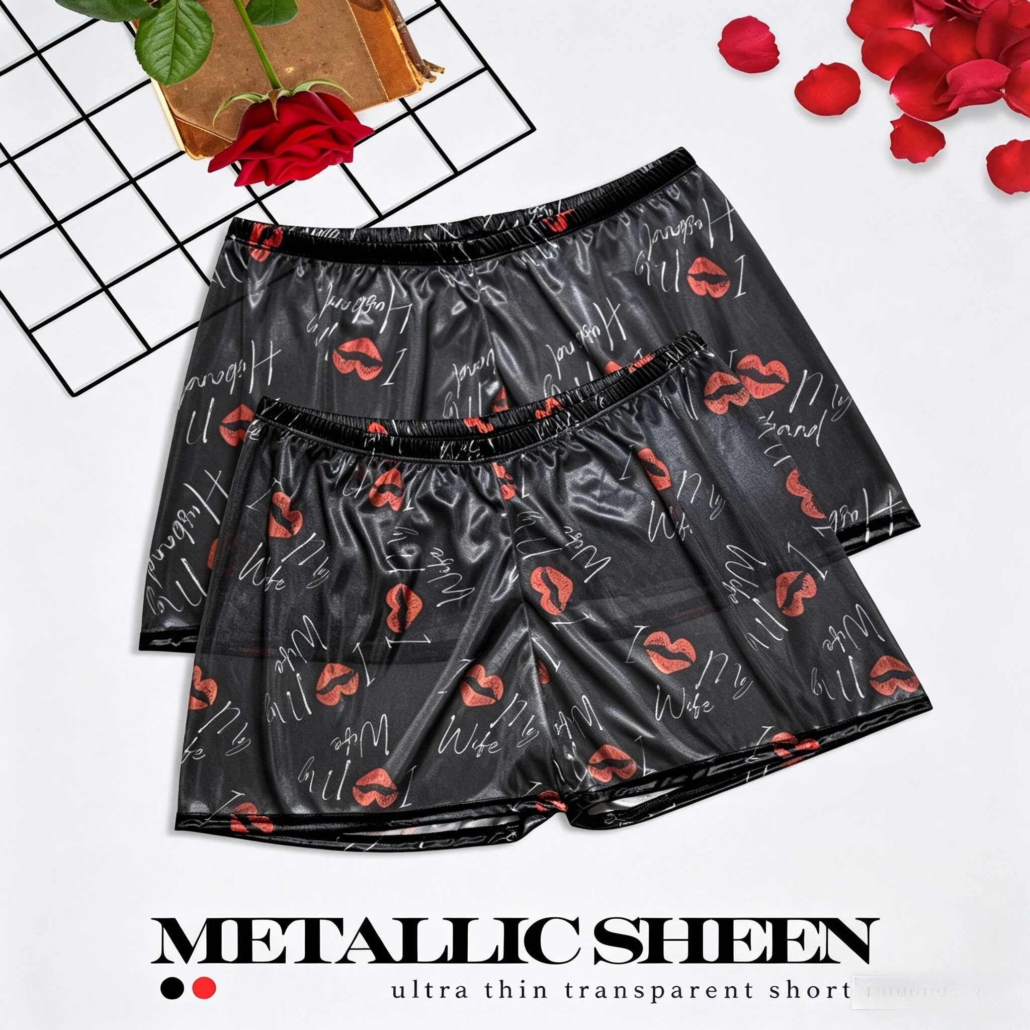 

1 Piece Men's Valentine Lips Print Satin Sleep Shorts - Lightweight Breathable Metallic Sheen Casual Home Loungewear