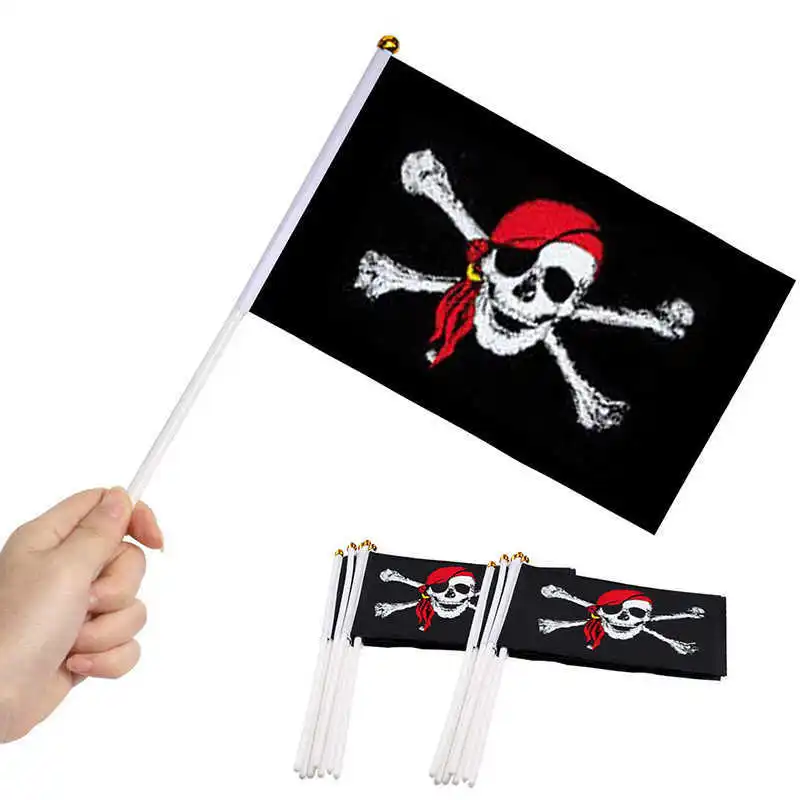 10PCS/LOT Small Stick Pirate Flag Handheld 14x21cm Polyester Black Jack Skull Jolly Roger Corsair Mini Flags With Flagpoles