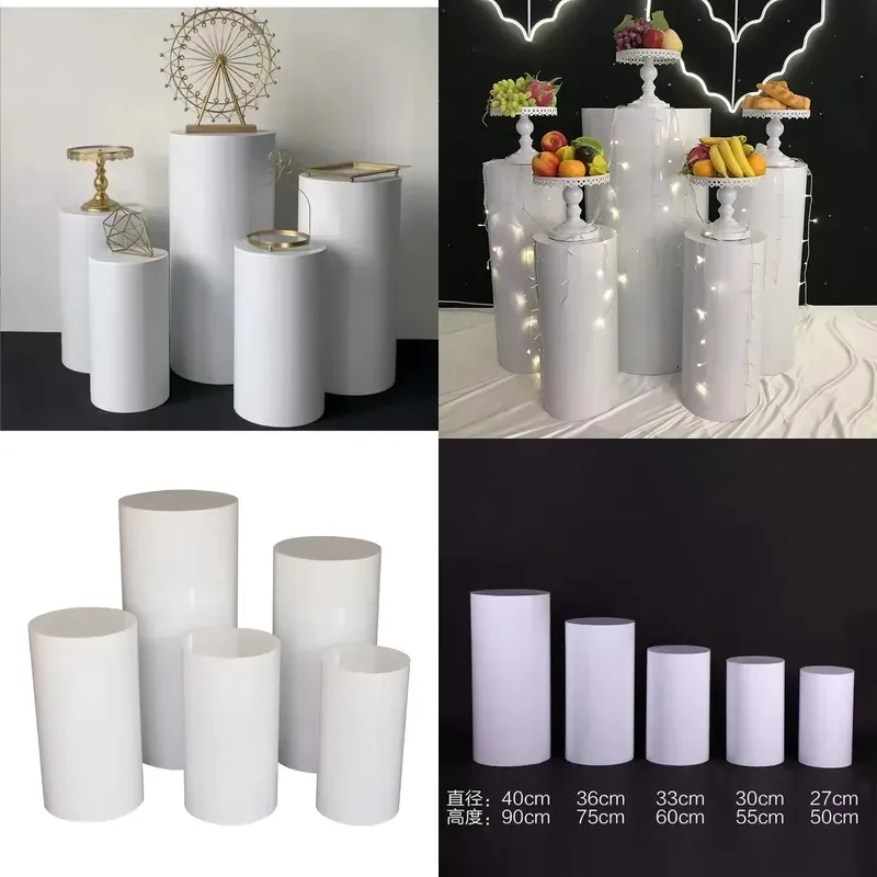 5 Pcs White Cylindrical Metal Pillar Cake Stand Set Dessert Table Display Background Decoration for Party