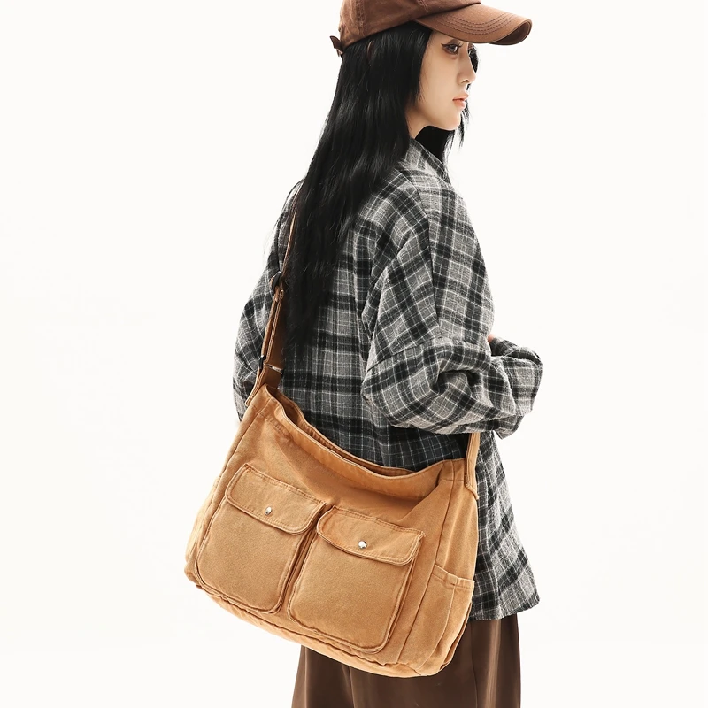 Vintage Canvas Women's Bag Eco Bag Korean Messenger Bag Y2K Shoulder Bag Shopper Satchel Murse Unisex Pocket Couple Tote Handbag