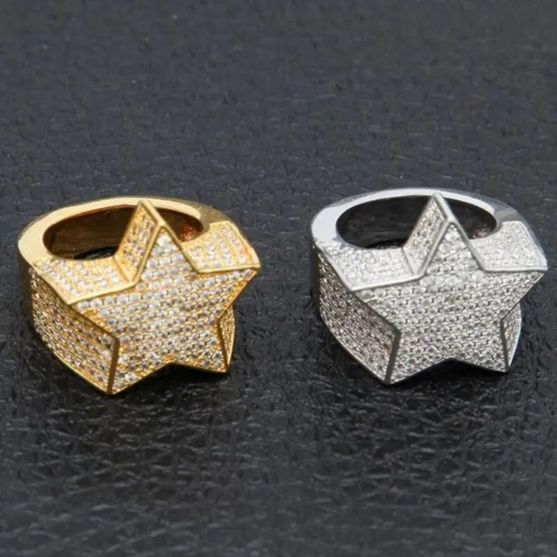 Milangirl New Hip Hop Rock Five Star Rings Men Luxury Gold Silver Color Rhinestones Zircon Pentagram Rings Women Wedding Party