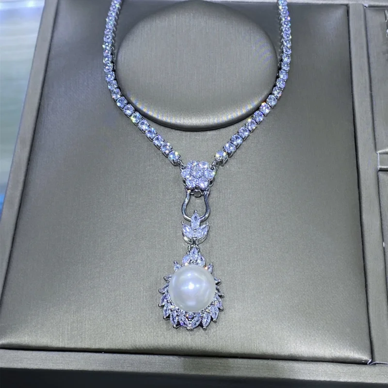 

Natural Agate Chalcedony Shell Beads Comparable to Pearls Full Diamond Open Ring for Women Versatile Pendant Earrings Set