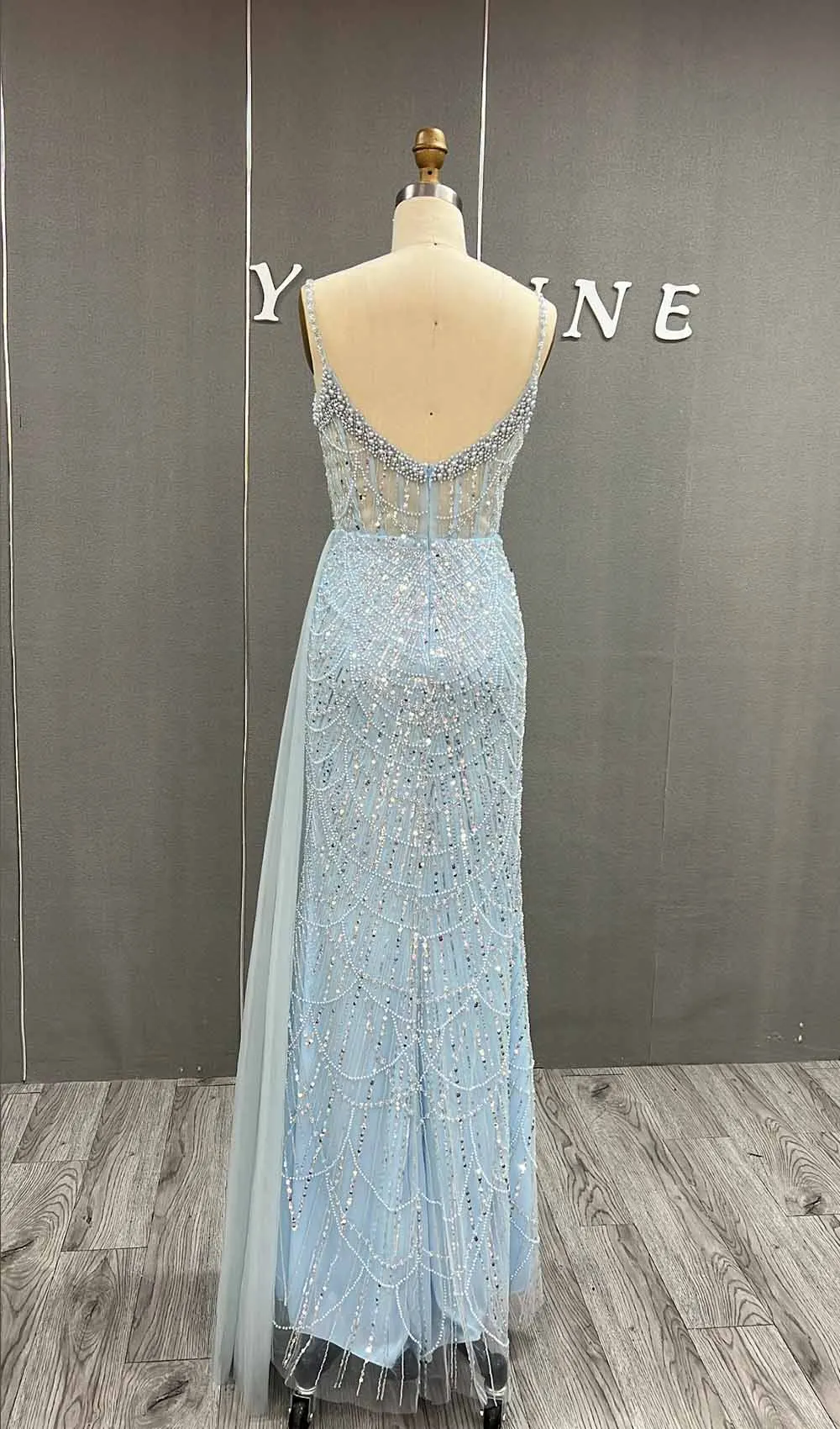 YQLNNE Luxury Sky Blue Mermaid Pearls Beaded Evening Dresses Long Slit Formal Prom Wedding Party Gown With Detachable Train