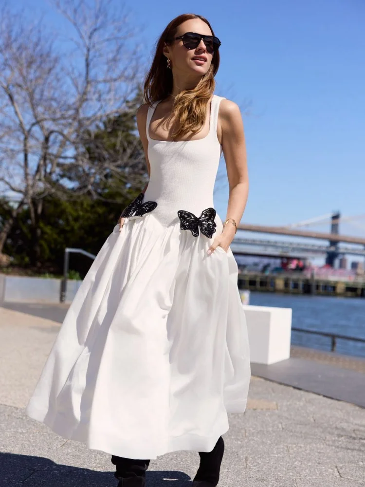

2025 Women New Celebrity Sexy Sleeveless O Neck Lace Bow White Dress Elegant Evening Club Party Outfit