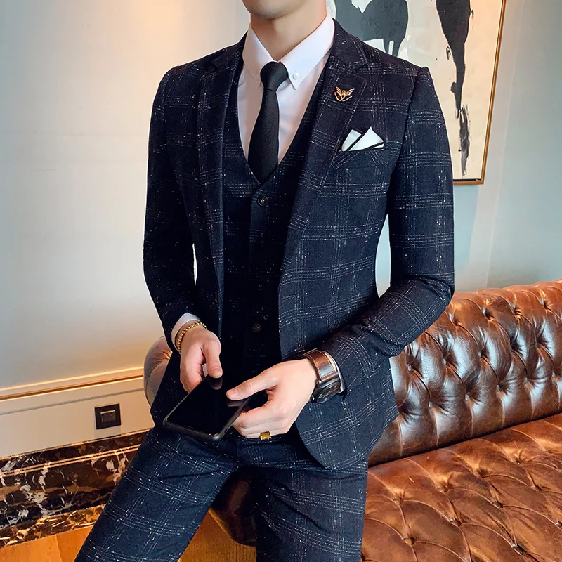 

2023 High Quality Handsome English Plaid Men (suit + Vest + Trousers) Korean Slim Suit Three-piece Business Casual Suit Set