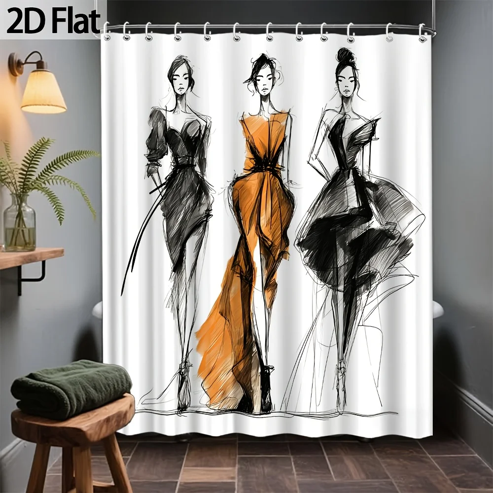 Fashion Sketch Shower Curtain, Elegant Lady Dress Print, Modern Art Bathroom Decor, Waterproof Polyester Fabric Bath Curtain