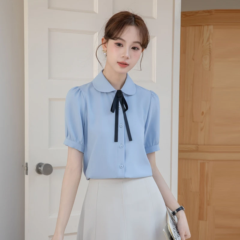 

Chiffon Bow Tie White Shirt Women Short Sleeved Summer Womens Tops Professional Shirt Summer Korean Reviews Many Girls Clothes