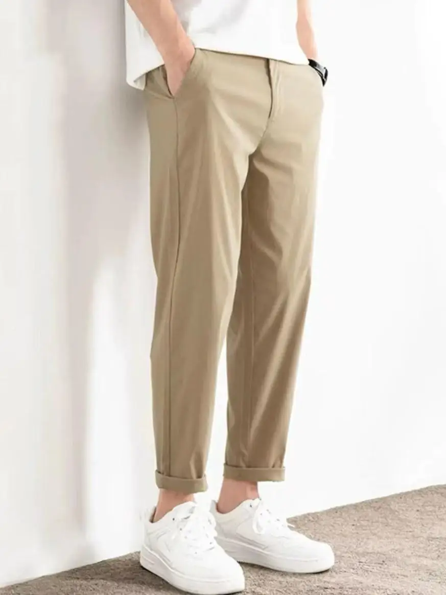 

Faionable Pure Color Cotton Casual Pants Men's Slim Fit Straight Leg Elastic Trendy Nine Point Pants Casual Trousers