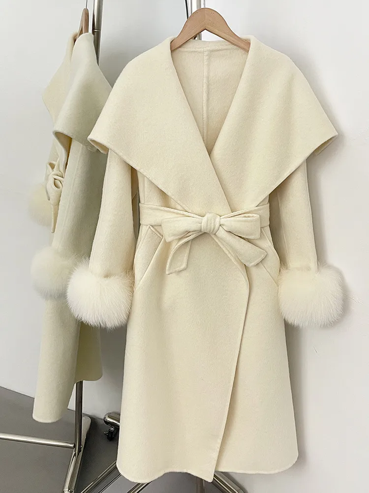 معطف نسائي أنيق من مزيج الصوف من ZMEENNA مع ياقة شلال وحزام ربط قابل للفصل وأصفاد من الفرو ملابس خارجية شتوية ZM4711