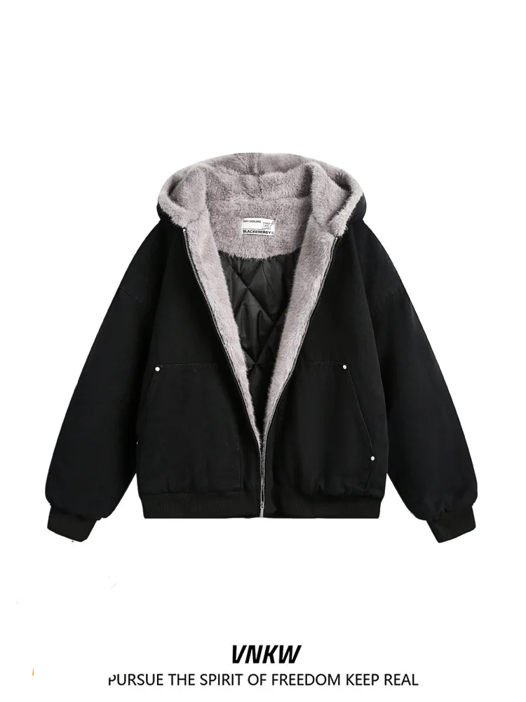 

American Retro Fce Lined Hooded Jaet Thiened Cotton Coat for Men And Women Autumn Winter Warm Couple Loose Cotton Jaet