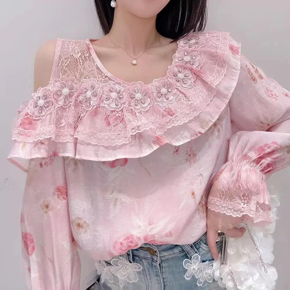 Ladies Shirts Women's 2025 Spring New Fashion Sweet Tops Diamond Three-dimensional Flower Dew Shoulder Design Long Sleeve Shirt