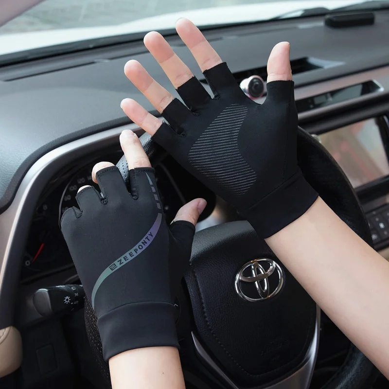 Men's Driving Cycling Gloves Ice Silk Thin Sun Protection Half Finger Fishing Two-Finger Absorbent Summer Lightweight Gloves