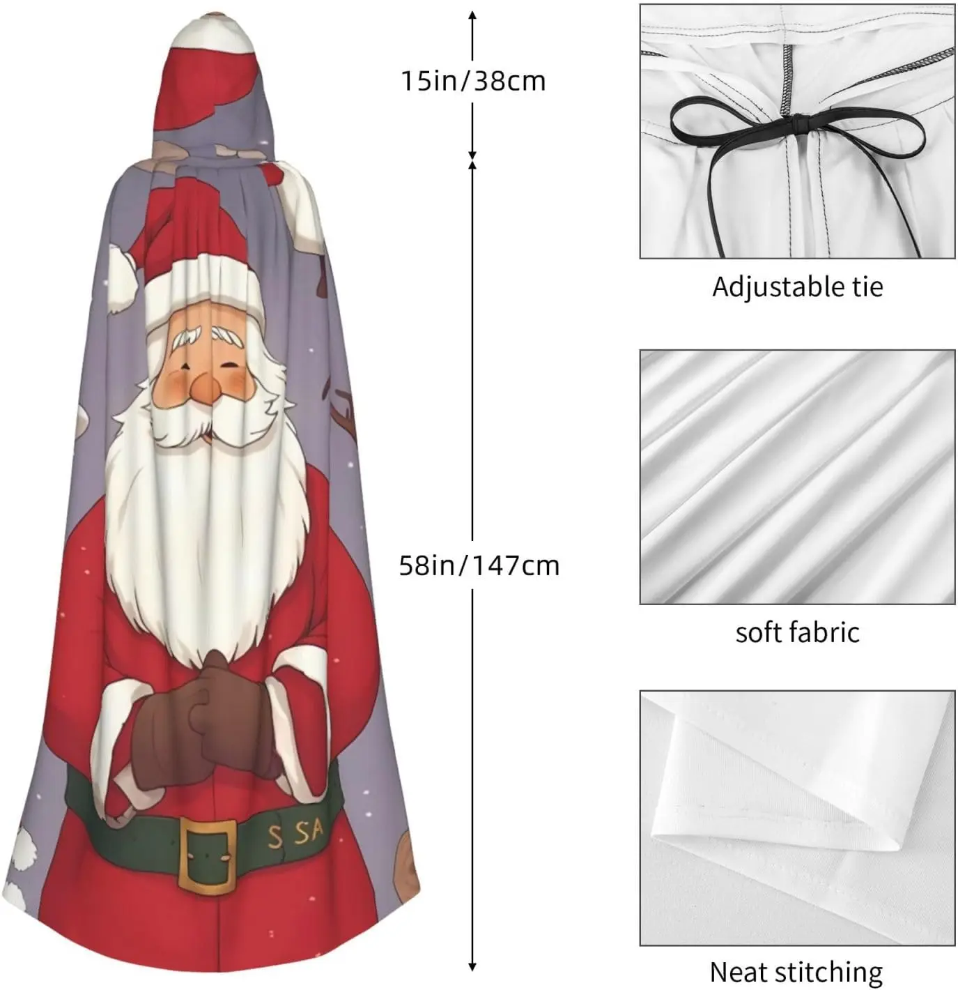 Kerst Kerstman Print Kapmantel, Volwassen Mantel Lange Cape Hoodie voor Kerstmis Halloween Cosplay Kostuums