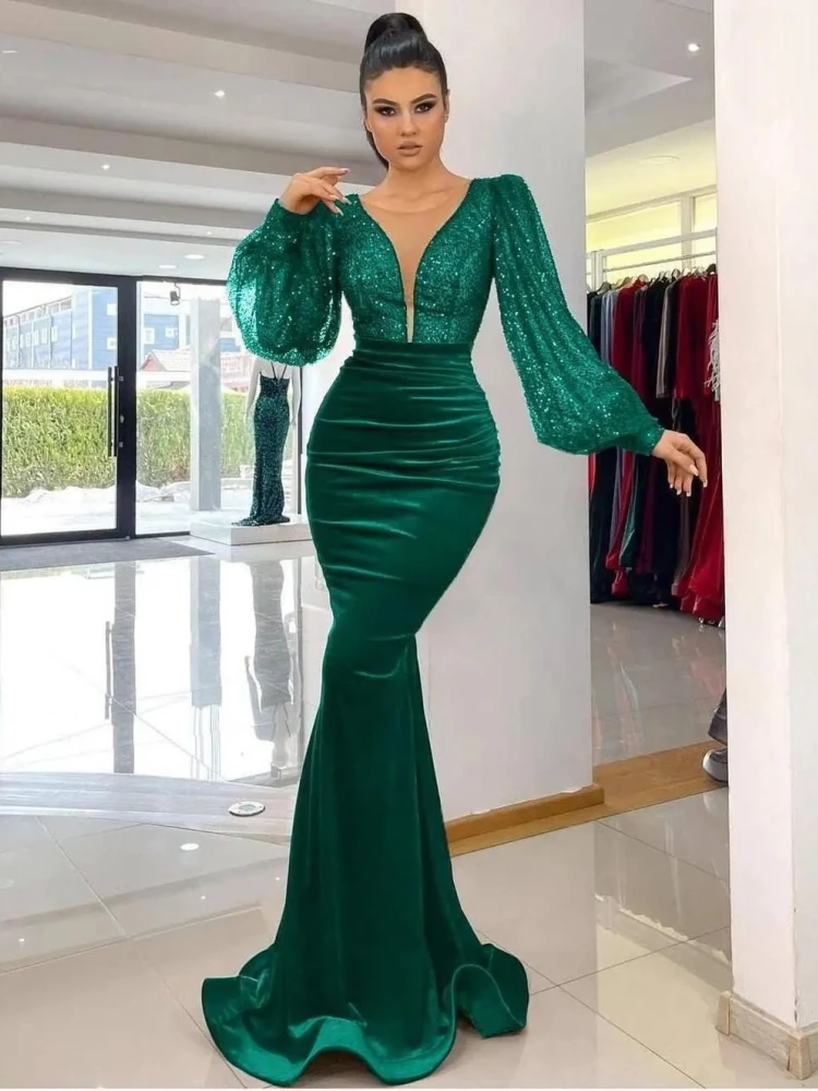 Deep V-Neck Puffy Sleeve Tulle Floor Length Vintage Glitter Mermaid Evening Formal Occasion Ruched Dresses Party Women Gown 2023