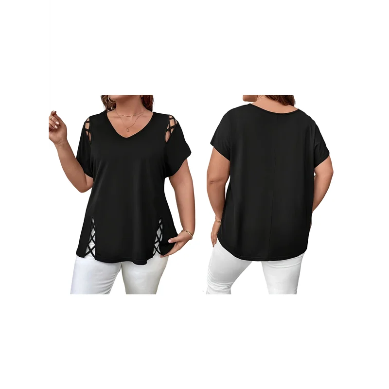CYL-Womens Short Sleeve Tunic Tops Cut Out V Neck Dressy Casual Loose Fit Long Tops