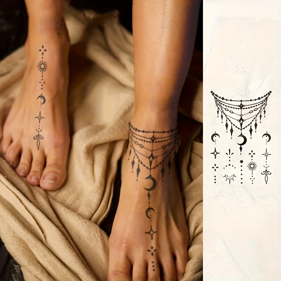 2pcs Waterproof, Realistic Fake Tattoos with Star and Moon, Botanical, and Face Patterns, Lasts 1-2 Weeks