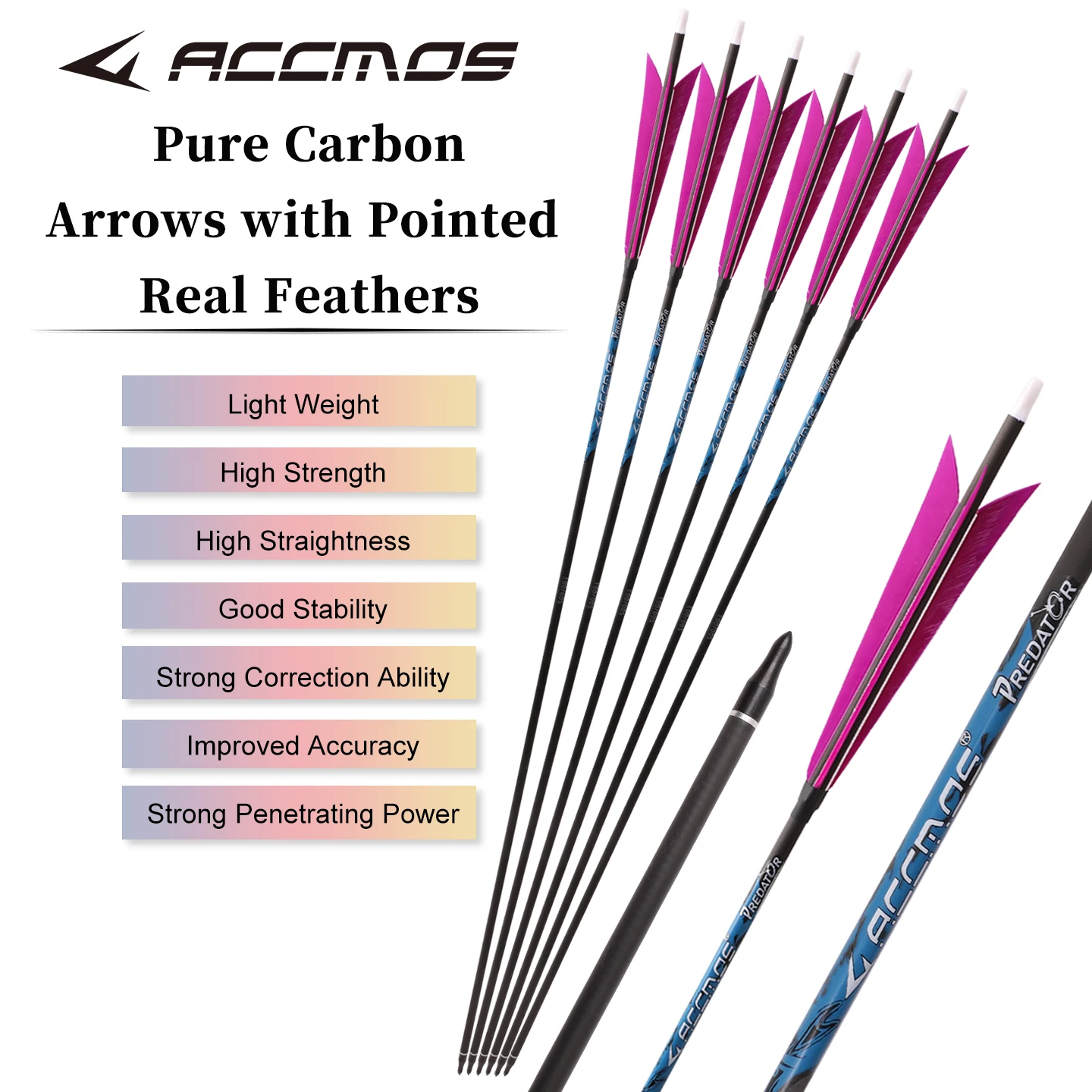Sharp Turkey Feather Pure Carbon Arrows Finished Spine200/250/300/350/400/500/600/700/800,ID6.2mm,Field Archery Shooting Hunting