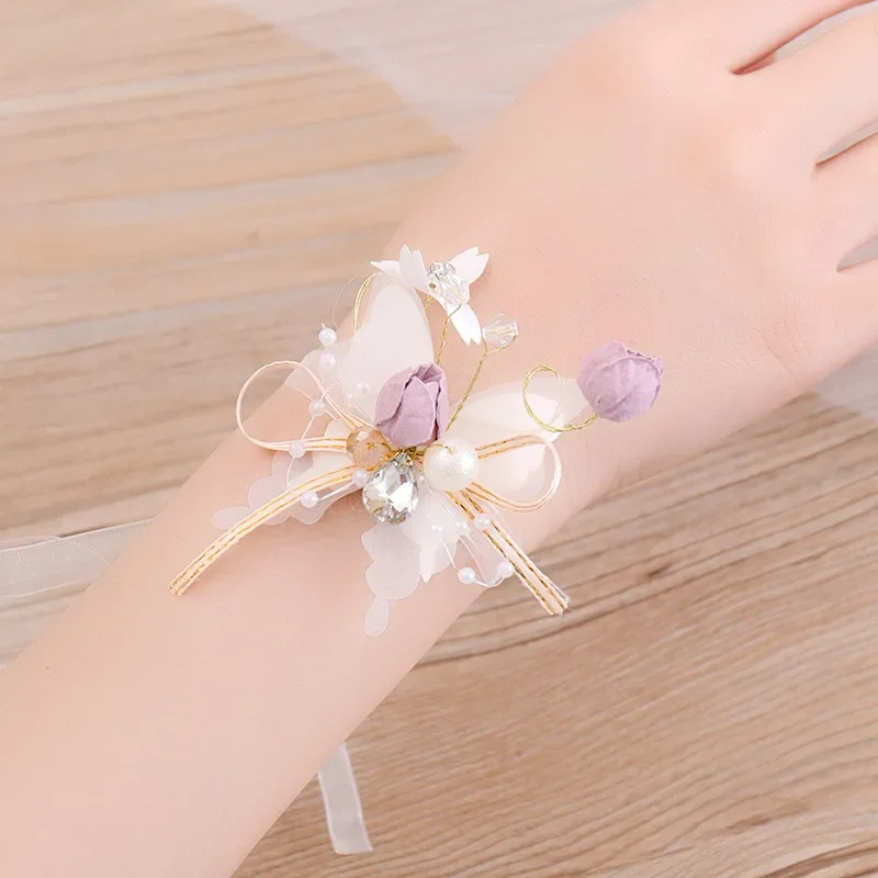 Wedding Pearl Crystal Wrist Flower Corsage Bridesmaid Hand Flowers Bracelet Bridal Marriage Prom Party Jewelry Accessories Gift