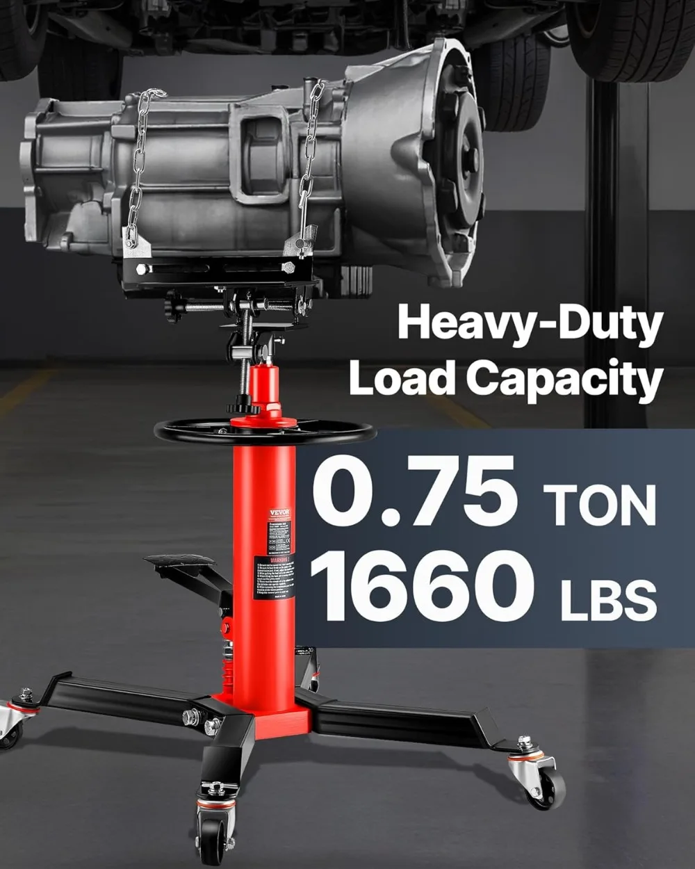

0.75 Ton Hydraulic Transmission Jack, 1660 lbs Capacity, 2-Stage Lift, Foot Pedal, Swivel Wheels