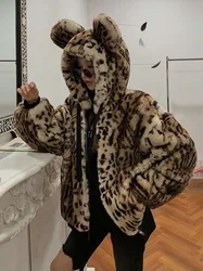 Hooded Bear Ear Fur Coat Loose Leopard Pattern Long Sleeve Parkas Imitation Rabbit Fur Thickening Keep Warm Plush Women Jacket