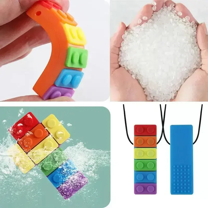 1Pc Sensory Chew Necklace Brick Chewy Kids Silicone Biting Pencil Topper Teether Toy, Silicone teether for children with autism