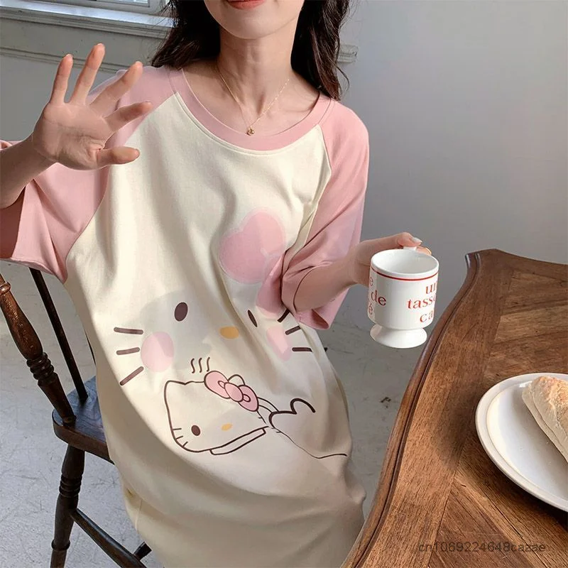 Sanrio Cartoon Summer Cute Dress Women Hello Kitty Short Sleeve Sleepshirts Medium Long Style Nightgowns Y2k Soft Home Clothes