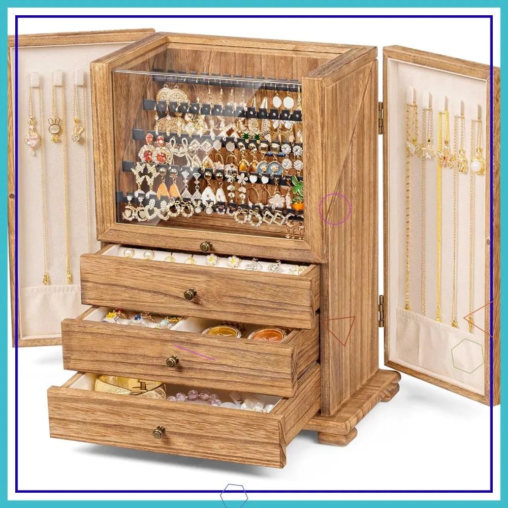 

Деревянная шкатулка-органайзер для украшений в деревенском стиле для женщин, большая витрина для хранения серег, ожерелий, колец, браслетов