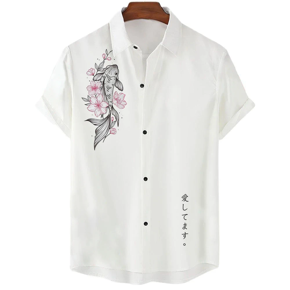 Hawaiian Shirt For Japanese Men Harajuku Koi Fish 3D Printing Shirts Summer Fashion Street Beach Tops Oversized Unisex Clothing