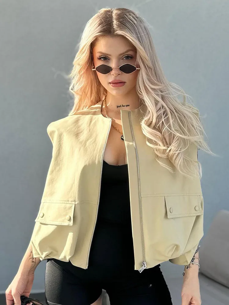 

HH женская осенняя хлопковая майка со складками по подолу, модная куртка без рукавов с накладными карманами и молнией, свободное женское укороченное пальто