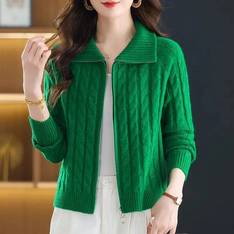 

Осенне-зимний вязаный кардиган на молнии с лацканами, свободный свитер в западном стиле, куртка, женский топ