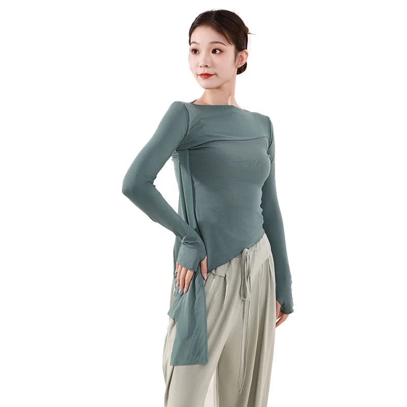 Одежда для танцев, тренировочная одежда, учительница, осенне-зимний стиль для взрослых, плавающая пряжа, чехол с длинными рукавами, тонкий топ на палец