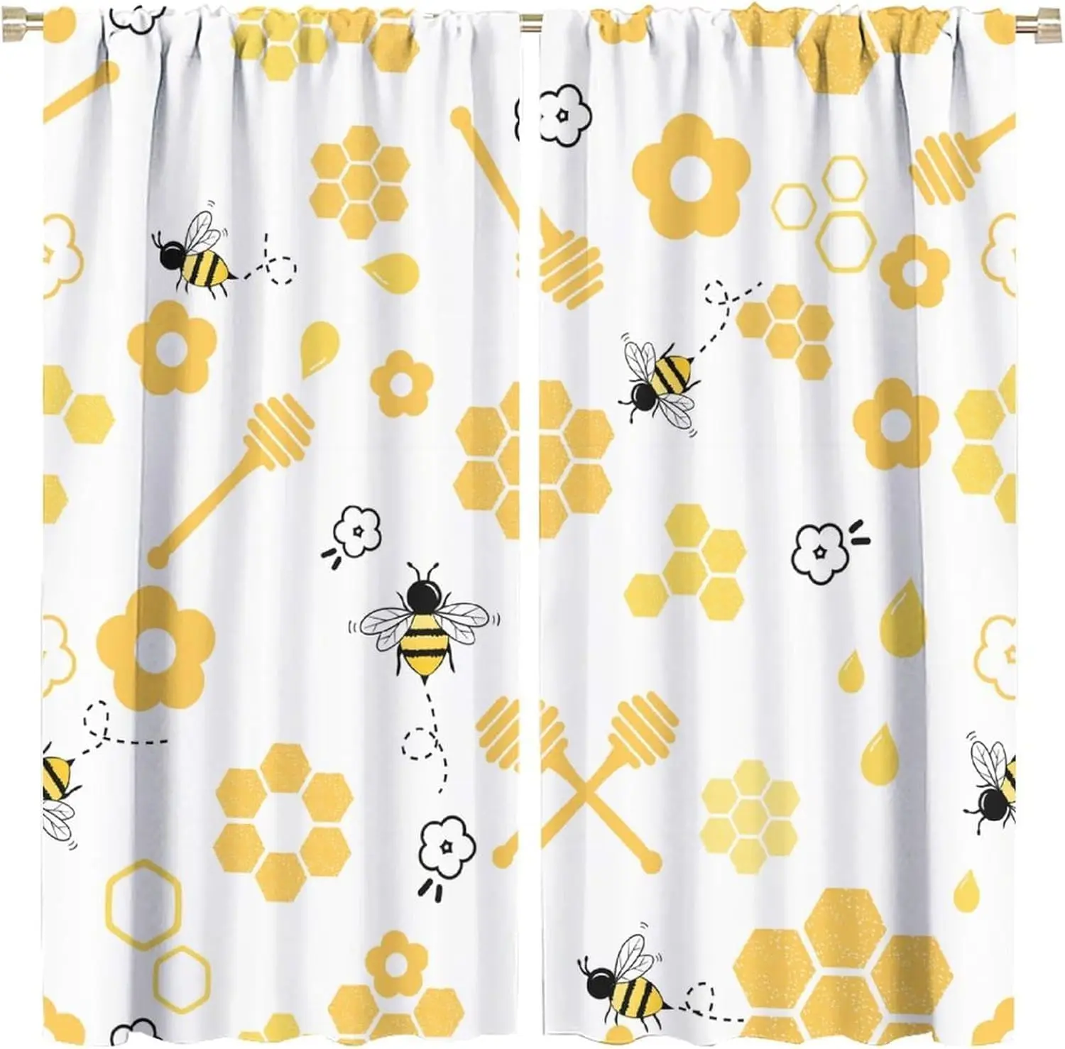 Yellow Bee Floral Curtain 2 Panels, Honeycomb Dipper Cute Insect White Print, Curtains for Infant Room Soft Kids Decor Curtain