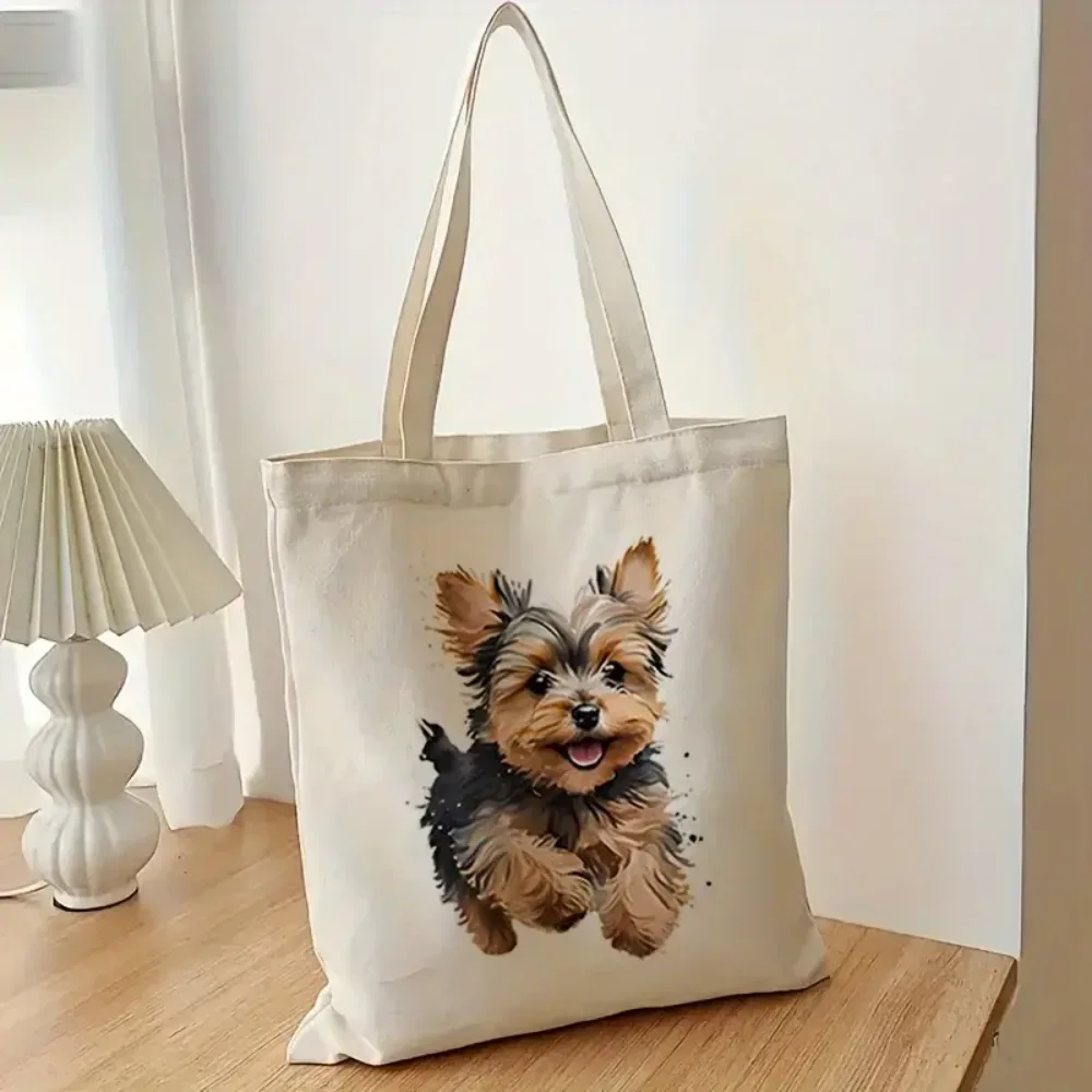 Shopping Bags Canvas Printing Playful Yorkshire Terrier Puppy Print Tote Bag Soft Handbag Daily Commute Daily Use