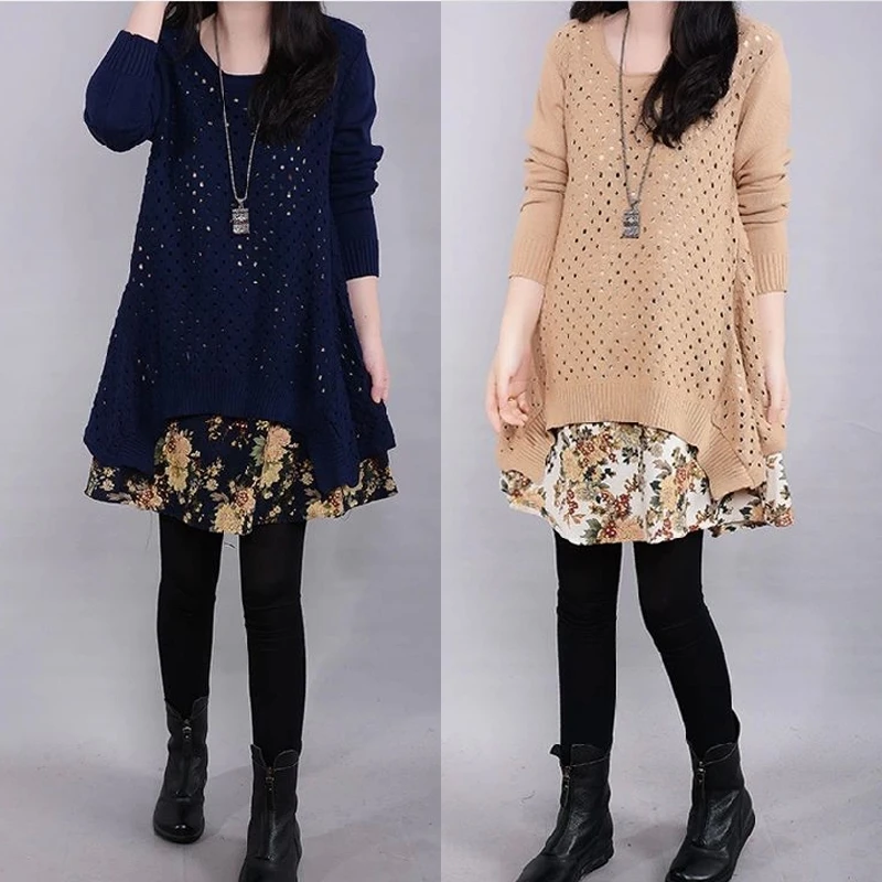 Spring Autumn Hollow Out Sweaters Sundress Two Piece Set Casual Printing Irregular Mini Dress Fashion Button Round Neck Dresses