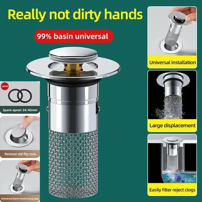 

Washbasin Leak Plug, Stainless Steel Odor Proof Bouncing Core, Press Type Sink Drain, Universal Accessory for Washbasin ；【】【】